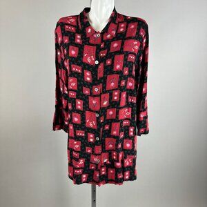Vtg 90s does 40s Loco Lindo Red Floral Rayon Oversized Tunic Blouse Size
